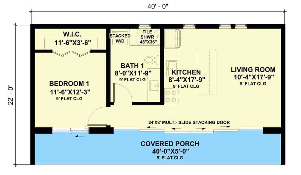 一个现代化的1卧室单层小房子的主要楼层平面图，有客厅，厨房，卧室，共享浴室，和一个广阔的门廊，横跨整个房子的宽度。