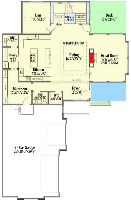 现代四卧室两层农舍的主要楼层平面图，设有门厅，大房间，用餐区，厨房，书房和一个通往3车位车库的储藏室。
