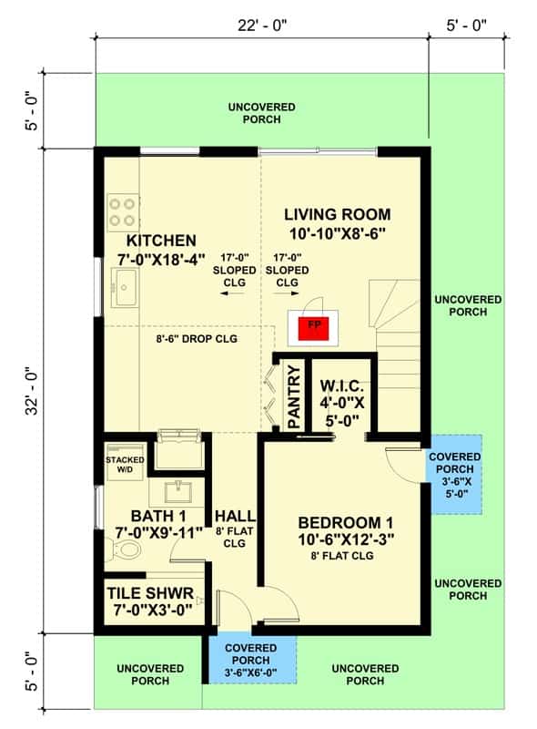 现代风格的三卧室两层小屋的主要楼层平面图，设有客厅，厨房，卧室和环绕式无盖门廊。
