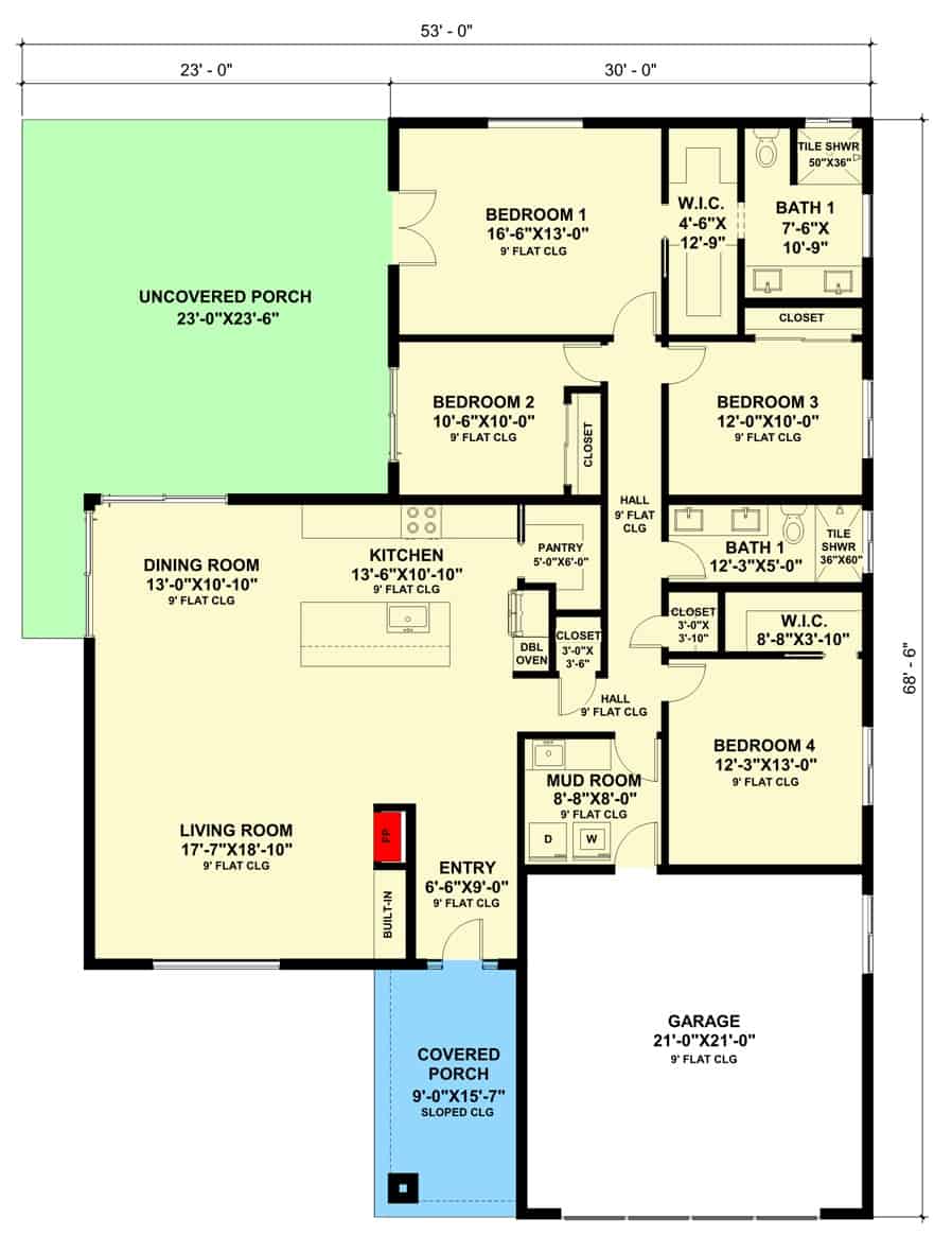 斯堪的纳维亚风格的单层四卧室住宅的主要楼层平面图，设有客厅、用餐区、厨房、四间卧室和一间通往双车库的储藏室。