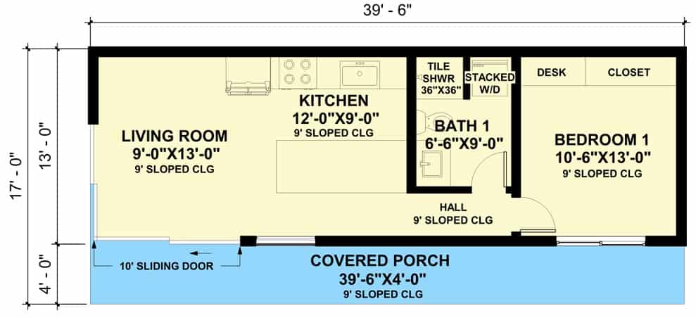 单层现代风格的1卧室ADU的主要楼层平面图，设有客厅，厨房，公共浴室，卧室和有顶的前廊。