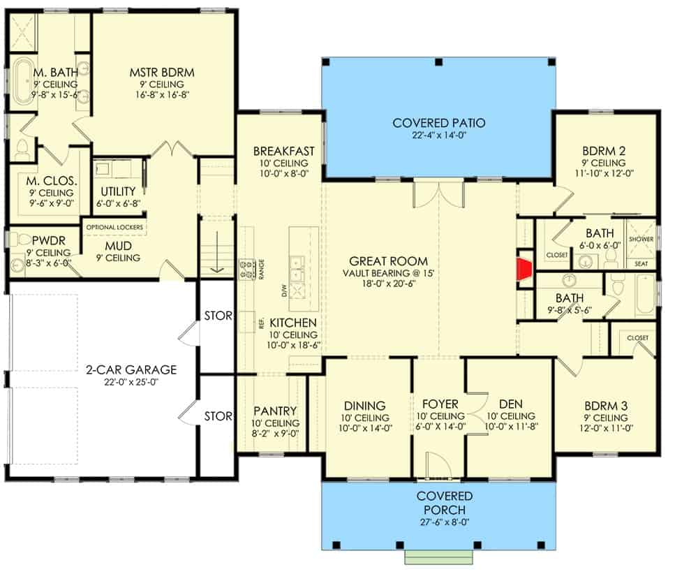 主级的平面图层楼的新美国风格5-bedroom牧场,有大的房间,餐厅,厨房,早餐角落,三个卧室,窝,寄存室导致车库。
