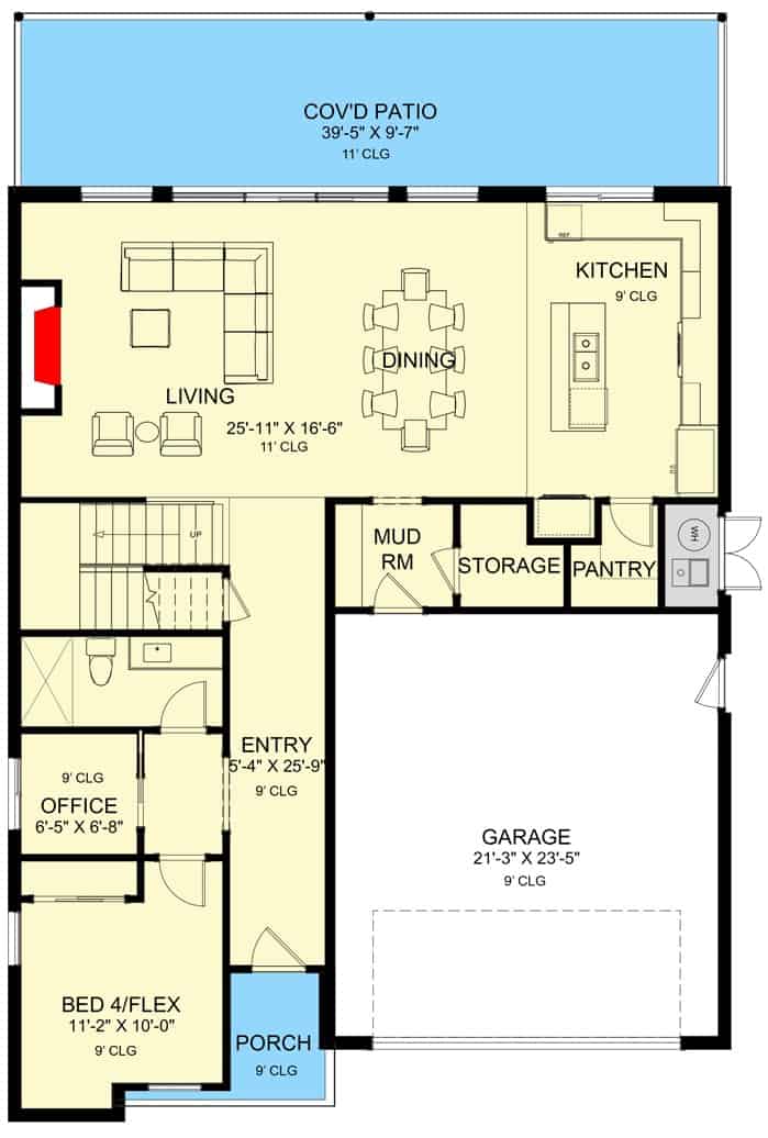 主级两层的平面图位于现代家庭与门厅,客厅,餐厅,厨房,办公室,卧室/ flex,寄存室导致车库,和一个天井。