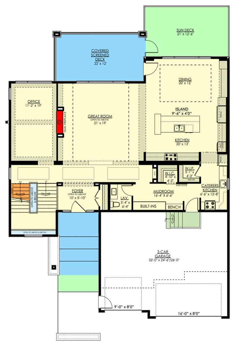 两层现代草原4卧室住宅的主平面平面图，设有门厅，大房间，用餐区，厨房，办公室和通往3车车库的储藏室。