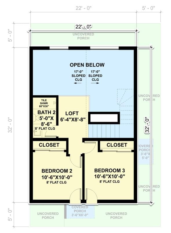 二层平面图，设有阁楼和两间卧室，共用3个设备的浴室。
