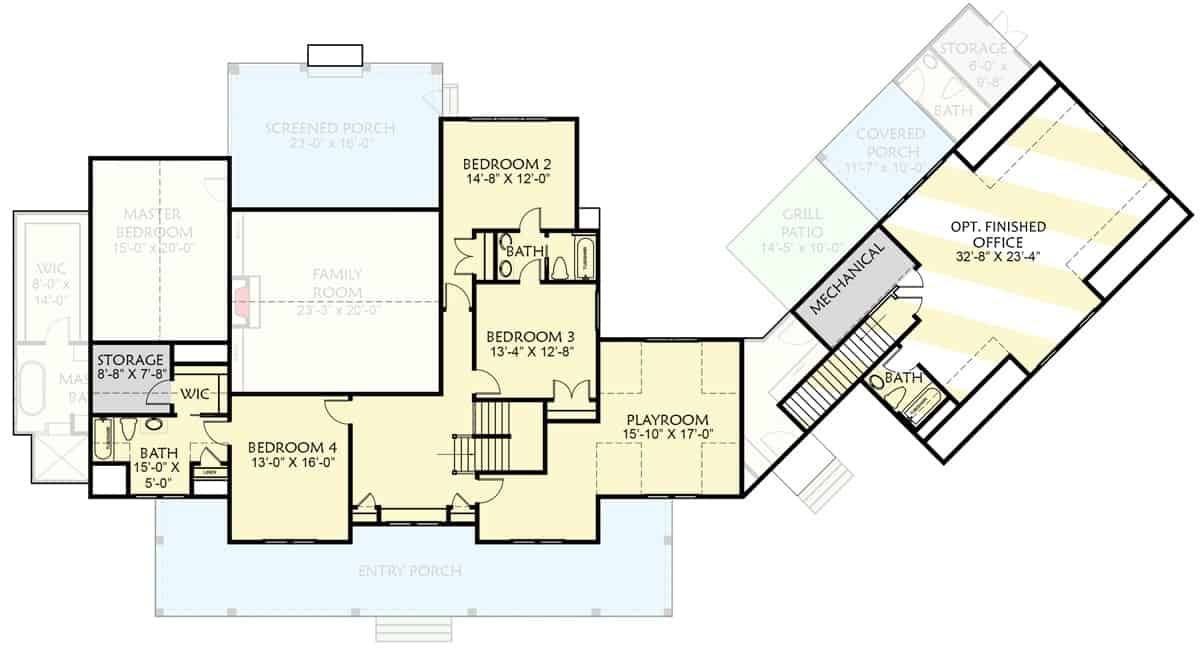 二层平面图有三间卧室，一间游戏室，车库上方还有一间独立的奖励房。