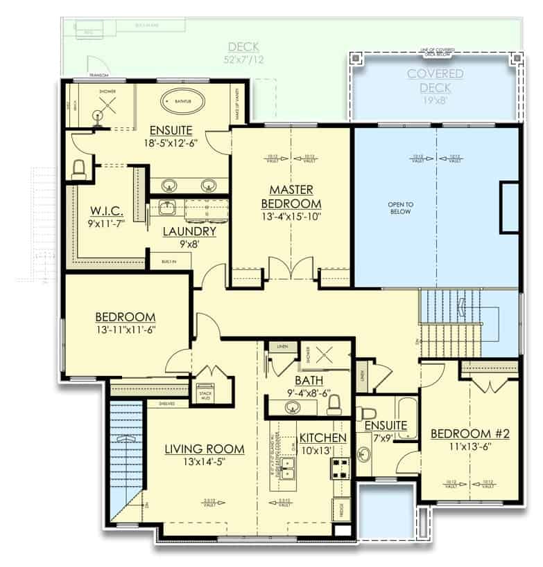 二层平面图，两间卧室套房和一间姻亲套房，配有厨房和客厅。