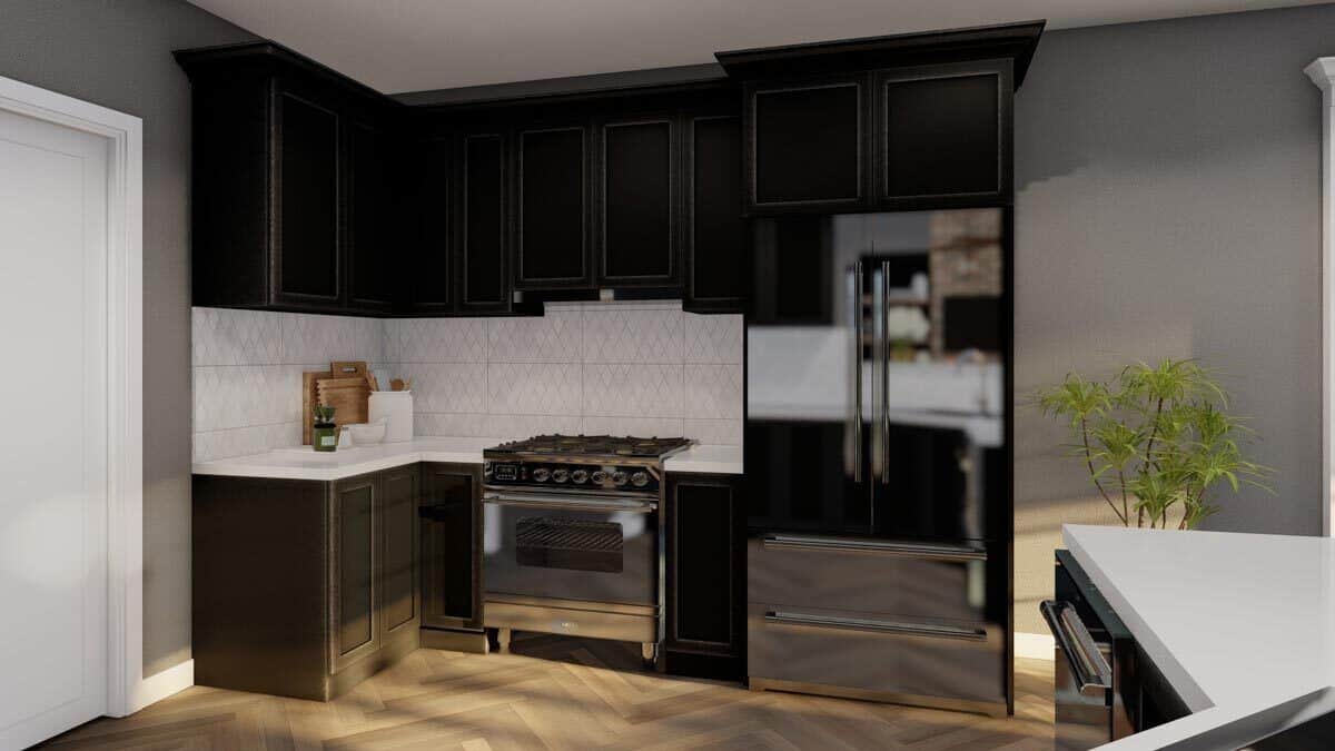 厨房里配备了不锈钢器具和深色木橱柜，与大理石台面和后挡板形成对比。