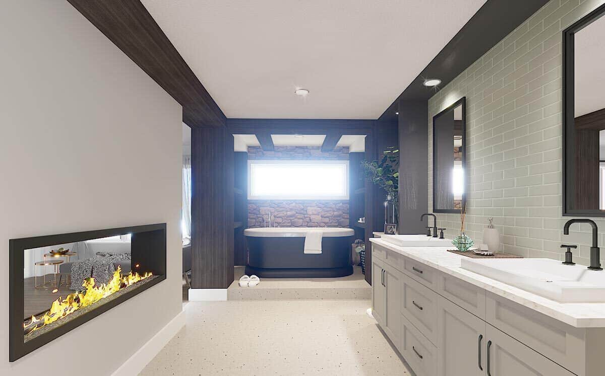 主浴室包括一座独立浴缸和一座与主卧室共用的双面壁炉。