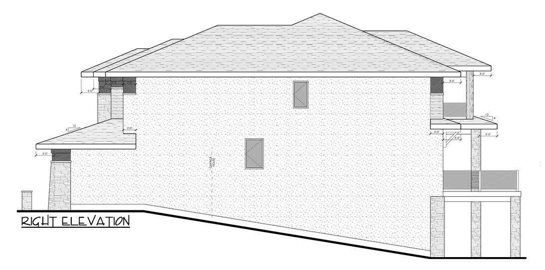 两层现代草原四居室住宅的右立面草图。