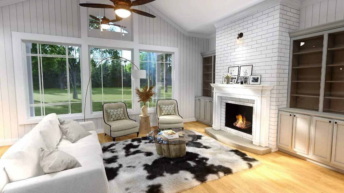 起居区提供一个砖砌壁炉，舒适的座椅，和后院的广阔视野。