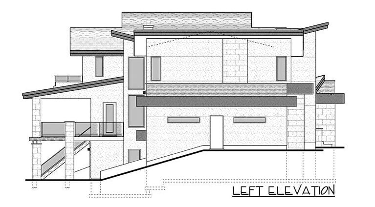左侧六卧室两层现代住宅的立面草图。