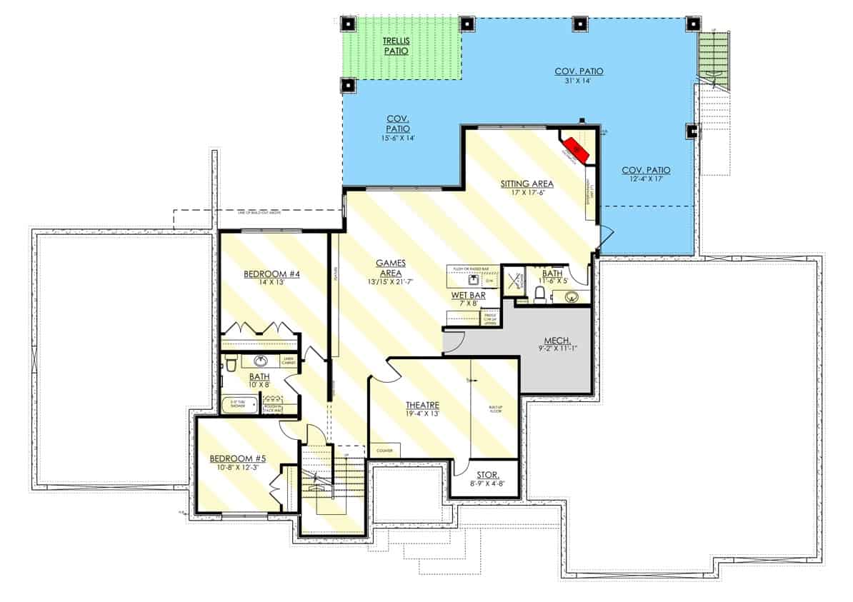 下层平面图有两间卧室，家庭影院，游戏区，休息区和带顶棚的露台。