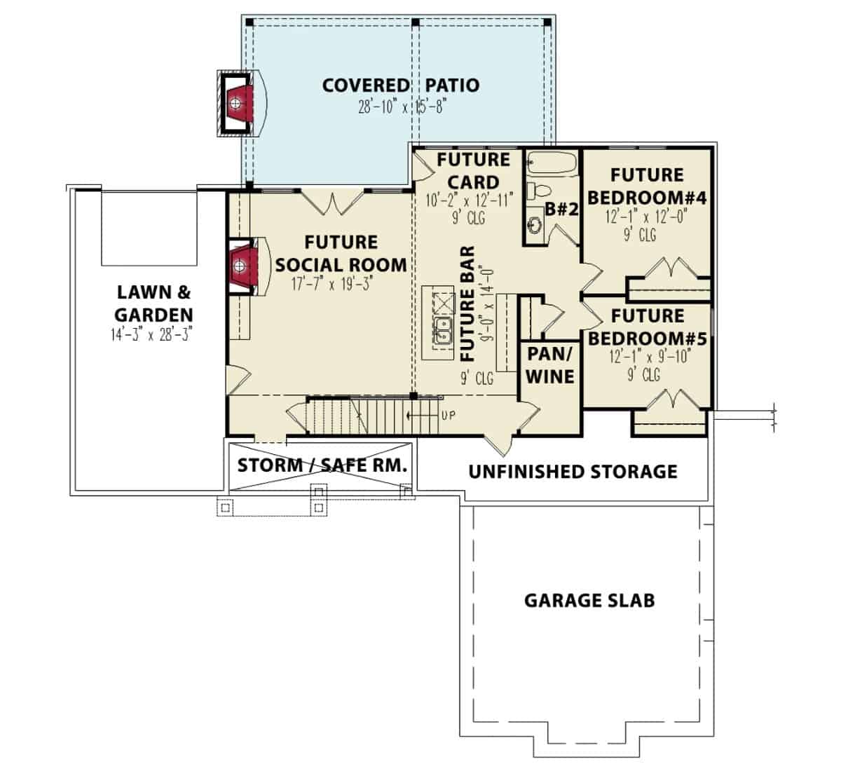 低层平面图有两间卧室和一间带湿酒吧和酒窖的社交室。