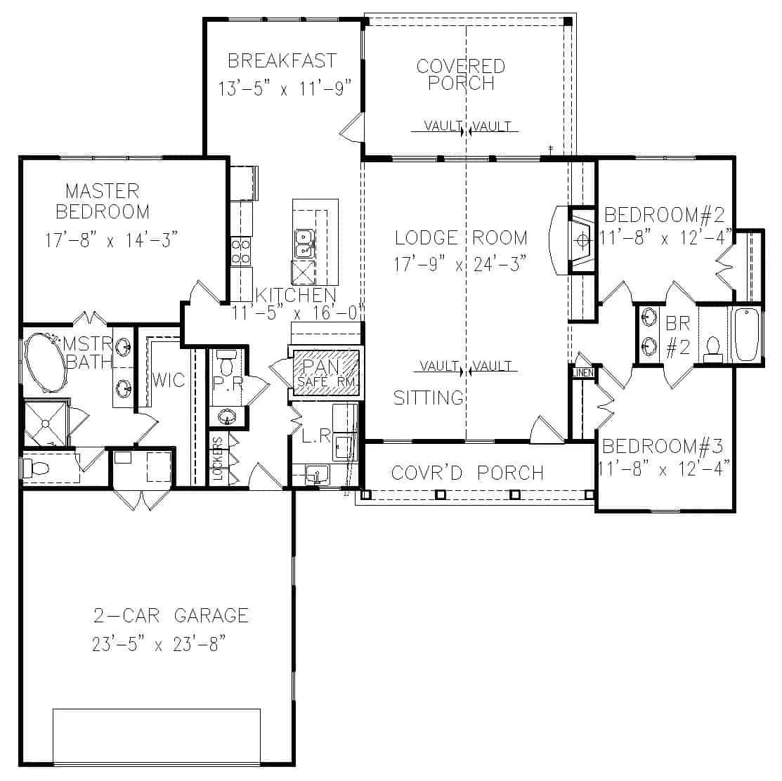 三卧室单层西弗顿现代农舍的主要楼层平面图，设有小屋，厨房，早餐室，洗衣房和通往车库的储藏室。