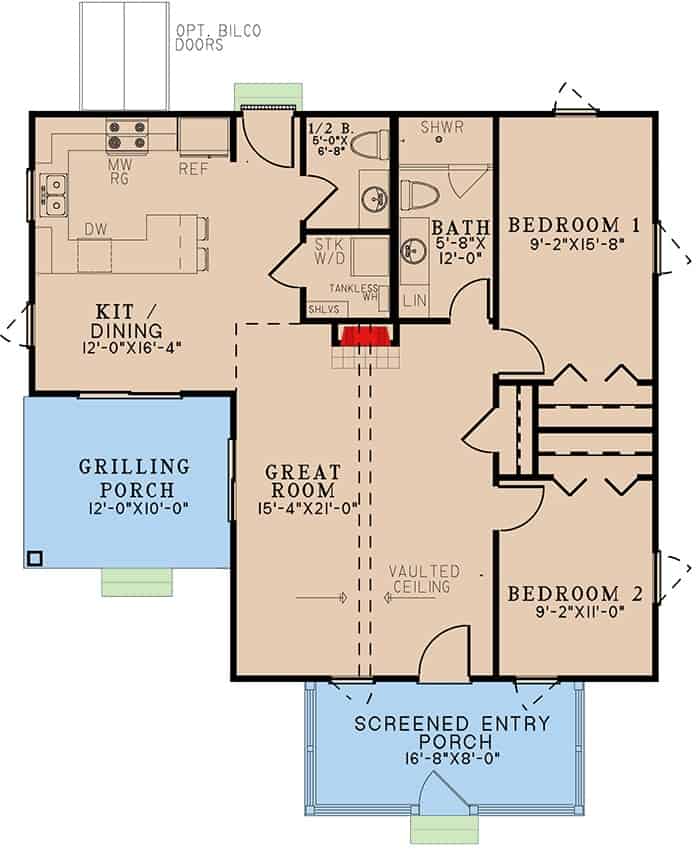 乡村单层2卧室小屋的主平面平面图，设有宽敞的房间，厨房/餐厅，洗衣间和有盖的门廊。