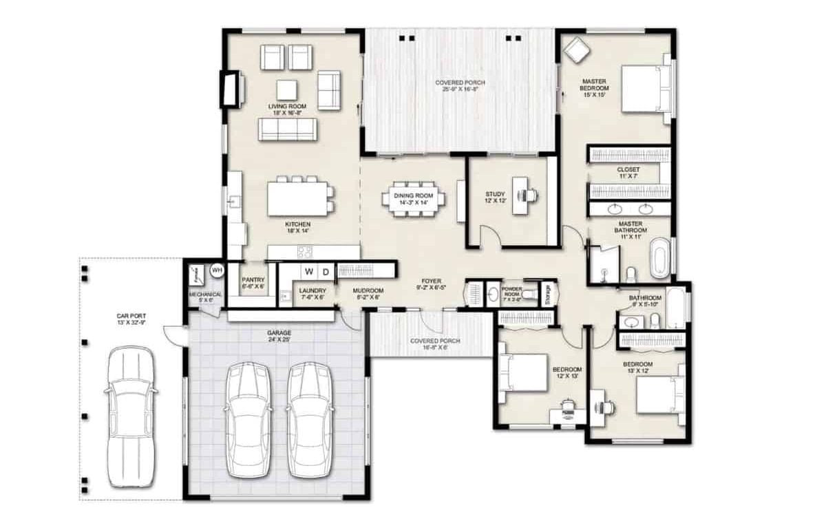 单层现代风格3卧室住宅的主平面平面图，设有门厅，餐厅，厨房，客厅，书房，洗衣房和通往车库的储藏室。