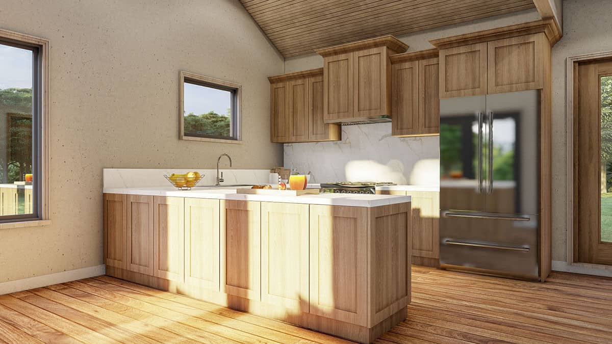 厨房配有不锈钢电器、大理石台面、半岛酒吧和与硬木地板相配的木制橱柜。