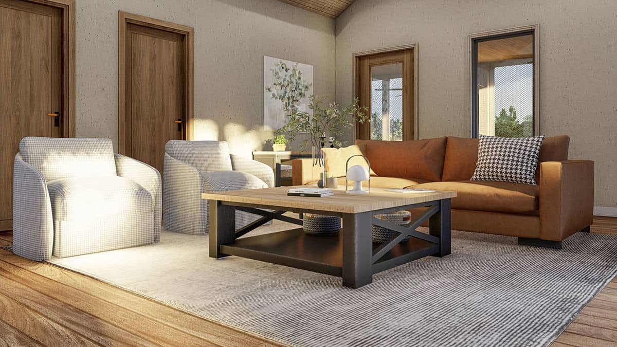客厅里有一些现代风格的座椅和一张放在地毯上的木制咖啡桌。