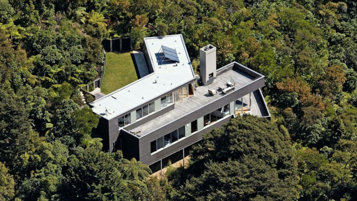 弗朗西斯·贝尔的房子鸟瞰图展示甲板在郁郁葱葱的绿色景观,唤起一种隐居。