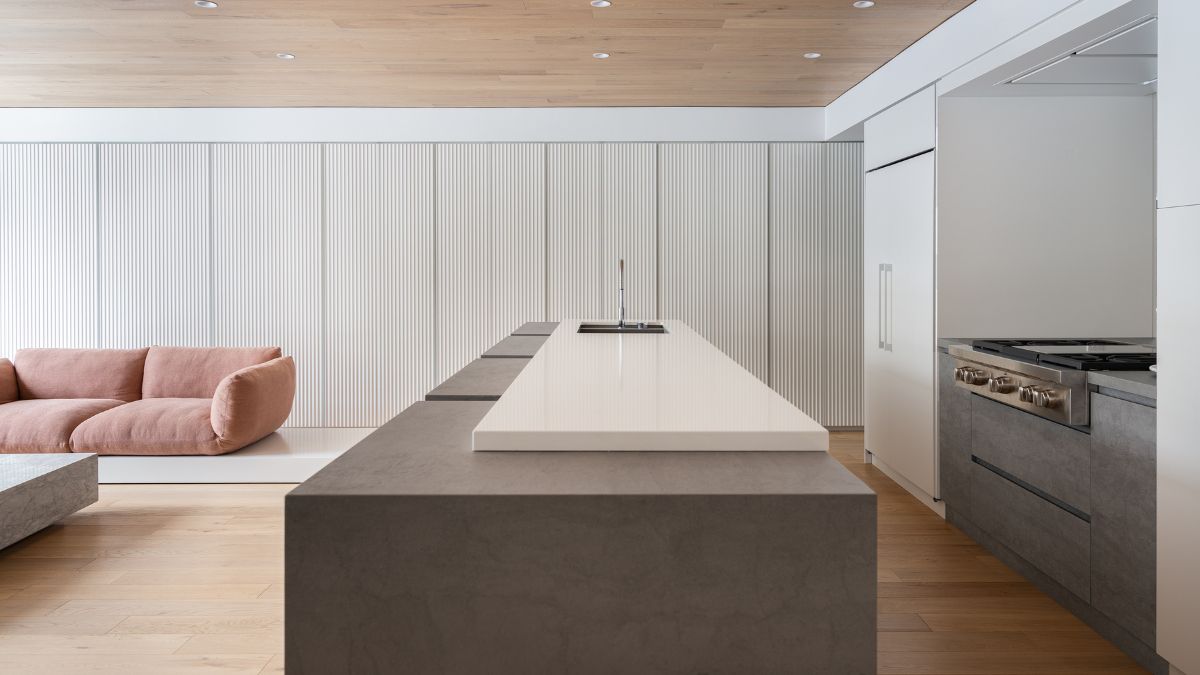 室内景观展示了一个共享的起居和厨房空间，其中有一个长矩形的岛式桌子。