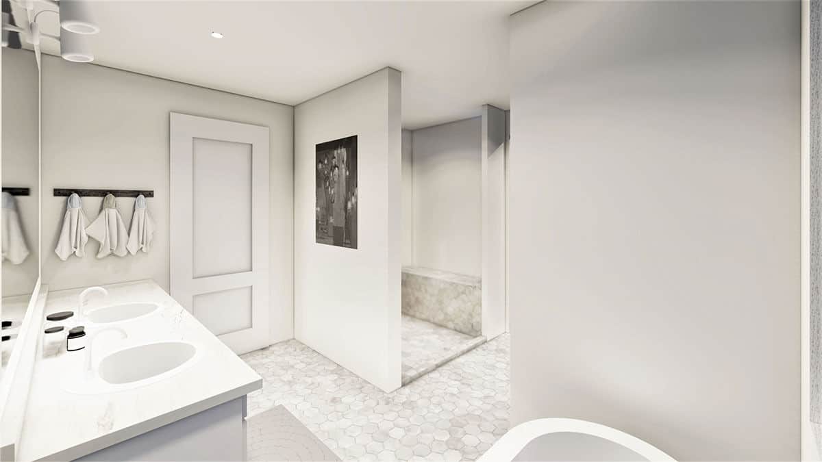 主浴室功能hex-tiled地板,扩大到浏览淋浴的长凳上。
