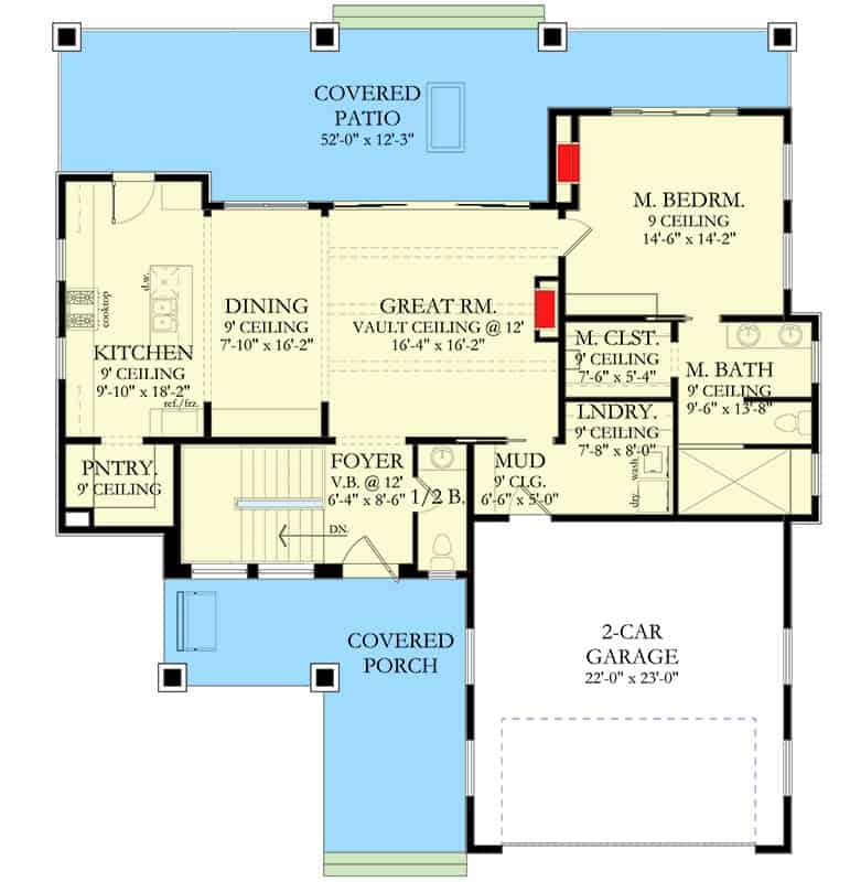 山区3卧室单层现代牧场的主要楼层平面图，设有门厅，大房间，用餐区，厨房，主要套房，洗衣房和通往车库的储藏室。