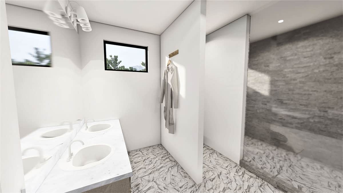 主浴室有一个双洗手池梳妆台，一个步入式淋浴，和一个隐藏在墙隔板后面的厕所区。