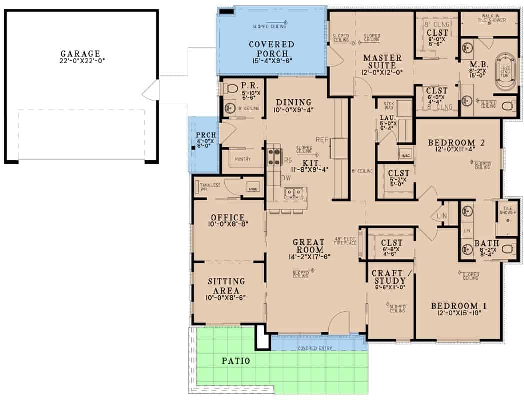 主级平面图的3层楼的卧室现代家庭的房间,厨房,餐厅,办公室,坐在面积,工艺/研究,和一个独立式车库。