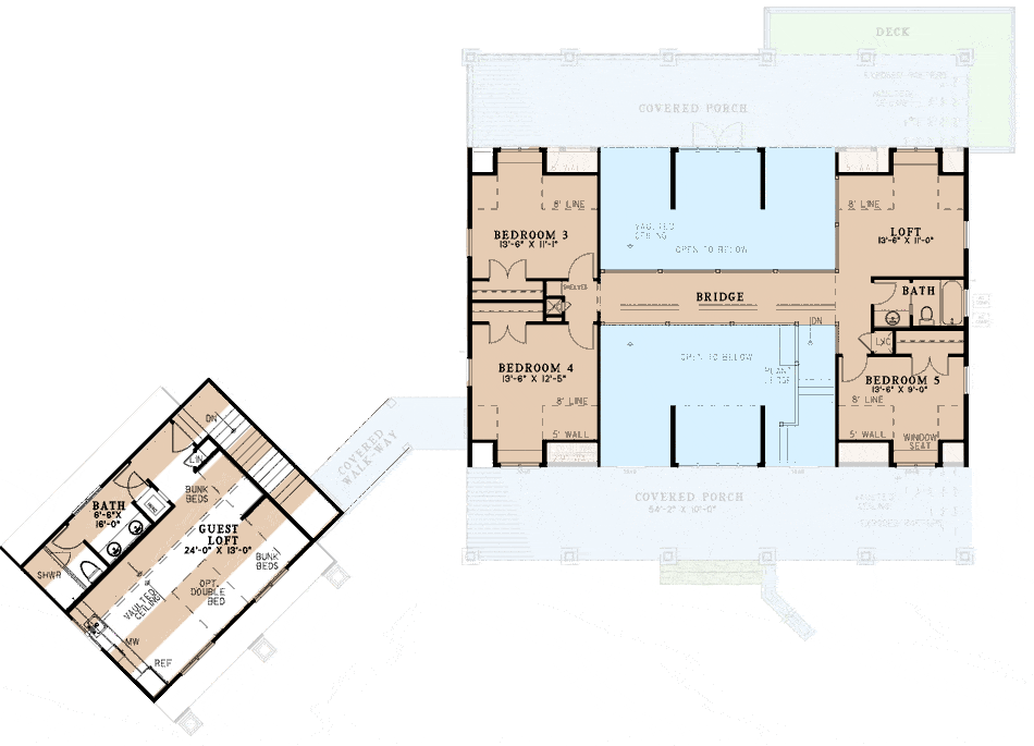 二层平面图有三间卧室，两间浴室，洗衣房和奖励房。