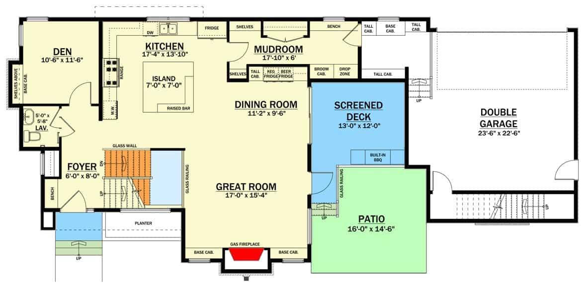主级两层的平面图现代位于西北家里的房间,餐厅,厨房,书房,寄存室,筛选甲板,双车库。