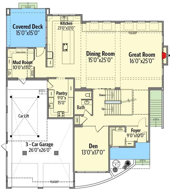 主级的三层平面图5-bedroom当代与门厅,穴,大房间,餐厅,厨房,寄存室导致车库。