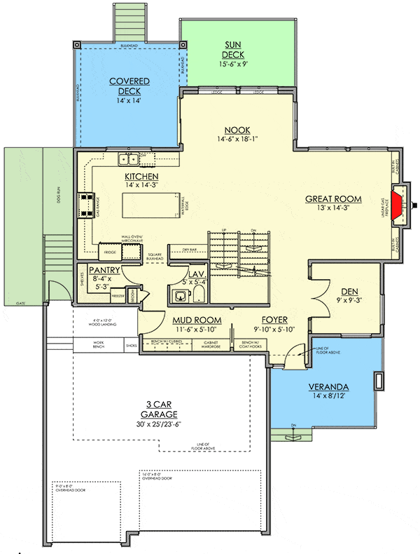 两层4卧室当代住宅的主平面平面图，设有门厅，大房间，厨房，餐厅角落，通往车库，书房和大量户外空间的储藏室。