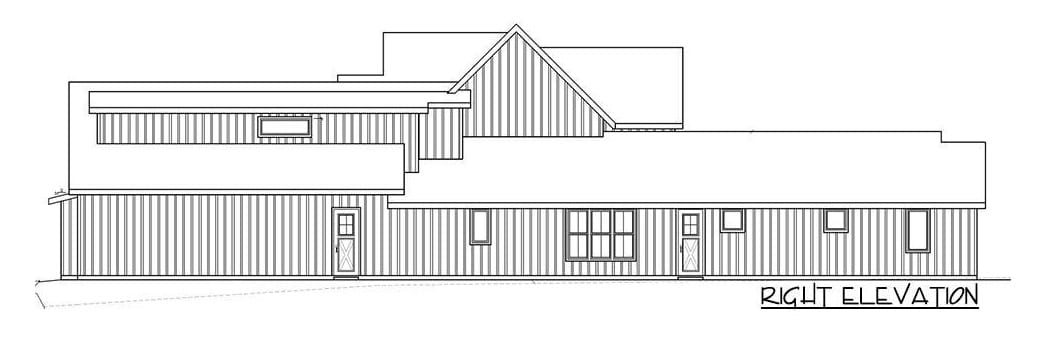 4间卧室的当代风格单层山地工匠住宅的右立面草图。