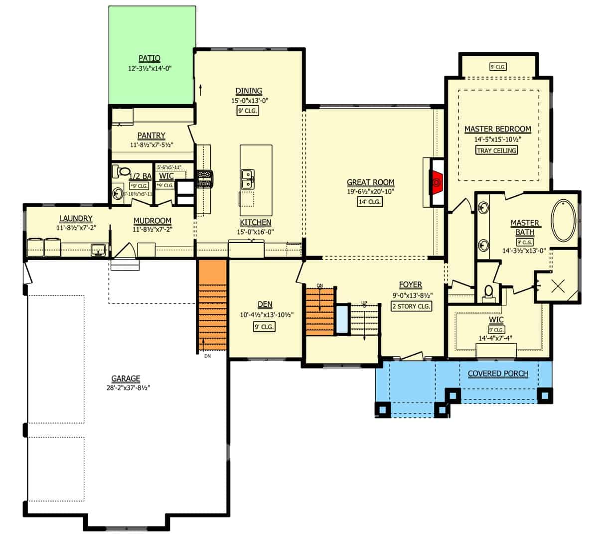 过渡风格的四卧室两层住宅的主要楼层平面图，设有门厅，大房间，厨房，用餐区，书房，主要套房，洗衣房和通往车库的储藏室。