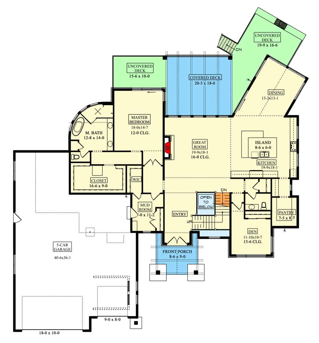 主级平面图的奥两山工匠大厅带回家,大房间,厨房,餐厅,窝,初级套房、寄存室导致车库,和大量的室外空间。