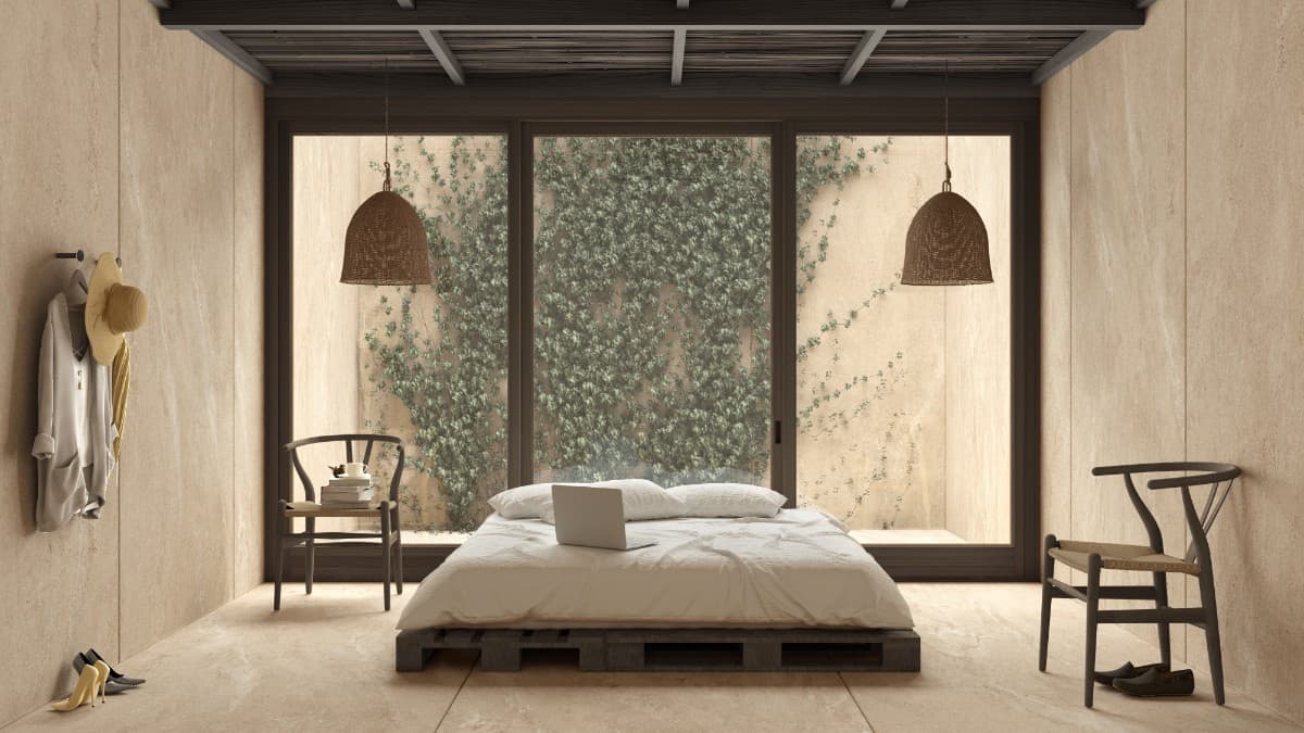 木质墙壁和地板的环保卧室。