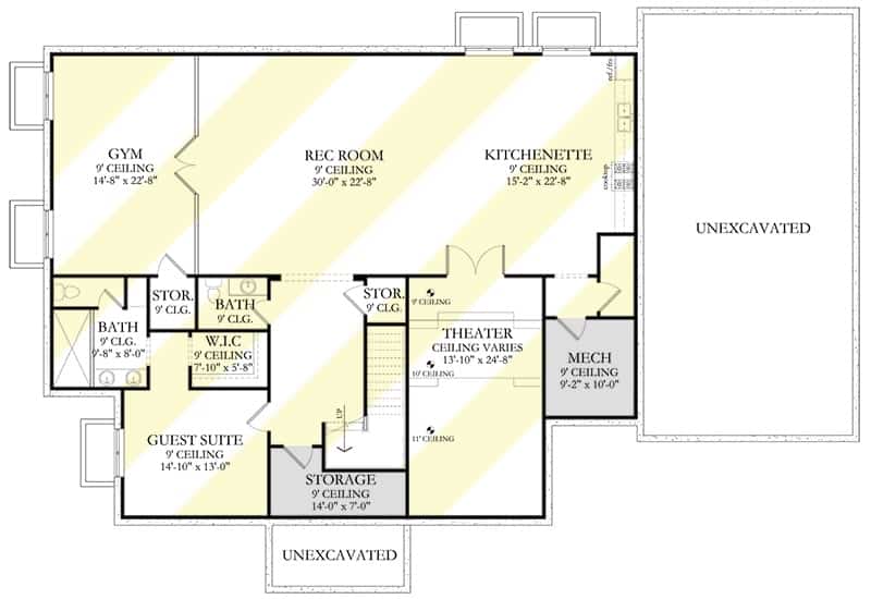 底层平面图与客人套房,一个家庭健身房,娱乐室,小厨房,大量的存储空间。