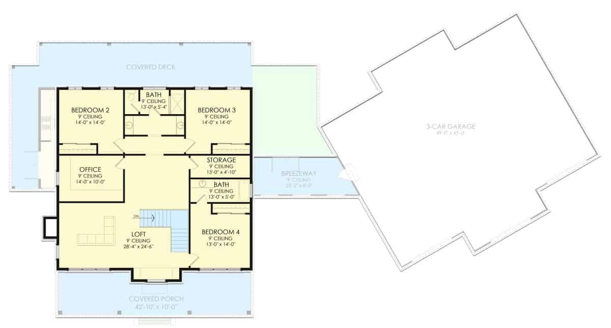 二级平面图和三个卧室,两个浴室,一个办公室和一个阁楼。