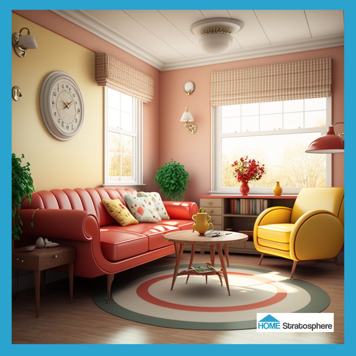 这个有趣的客厅看起来就像童话故事里的一样。家具上柔软、圆润的边缘使空间更有吸引力。虽然空间主要使用红色和黄色，但它结合了更明亮的色调和粉彩，使房间更有趣。迷人的装饰物品，如花卉抱枕，是完美的点睛之笔。