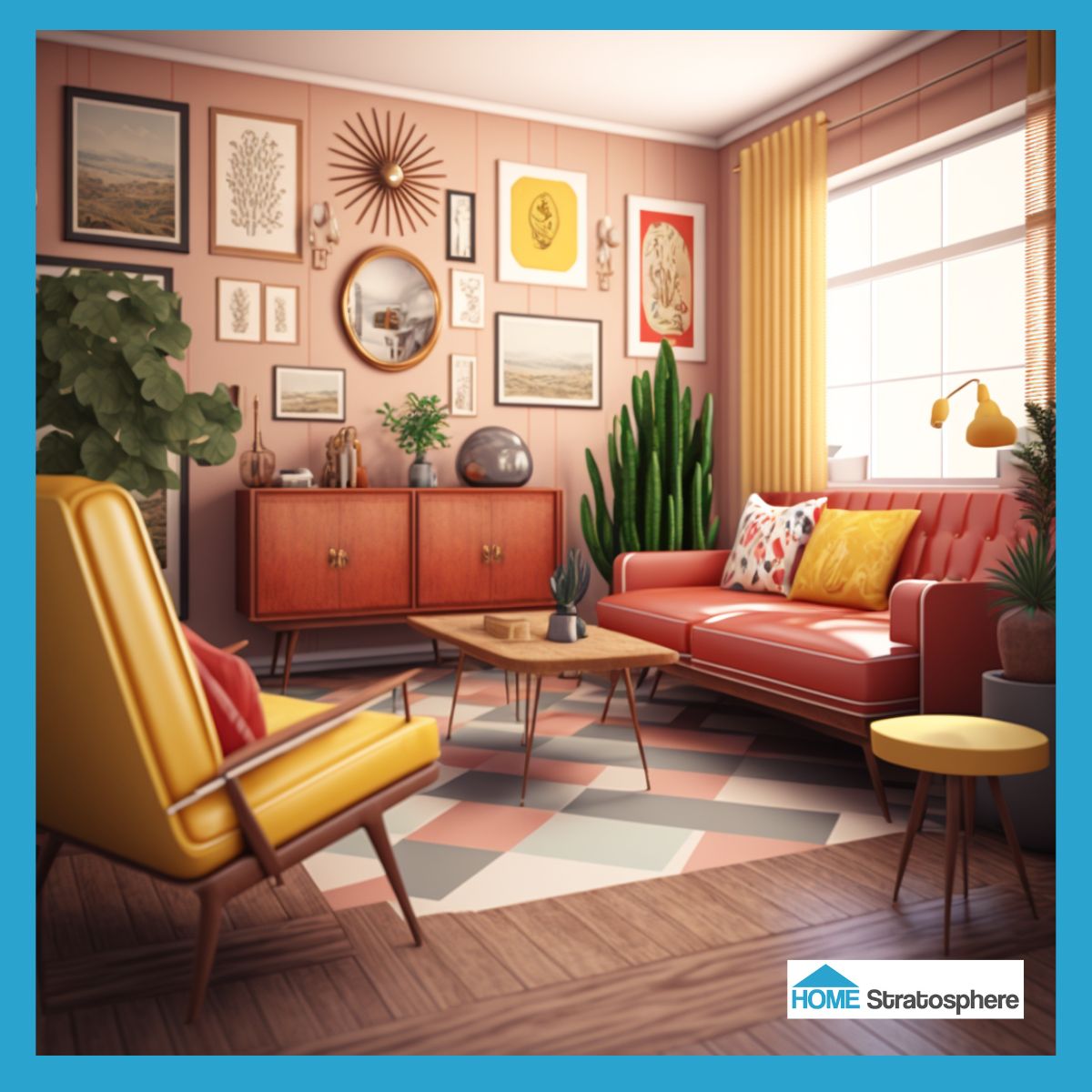 有图案的地毯放在硬木地板上很好看，这个空间里的彩色几何地毯就是一个很好的例子。虽然这个房间的墙壁是柔和的粉红色，但沙发是明亮的橙红色。配上黄色的窗帘和扶手椅，它看起来棒极了。艺术品、植物和抱枕确保这个空间一点也不无聊。