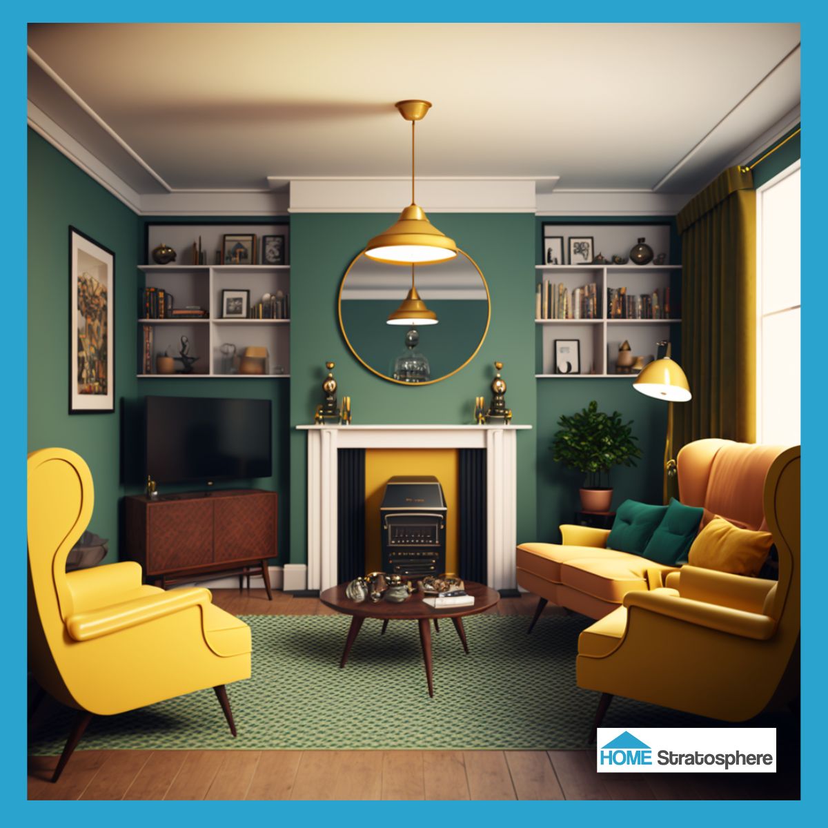 在客厅里你可以看到更多的绿色和黄色。它看起来不像壁炉可用，但有平板电视和内置架子等功能，你可能不会错过它!这块有图案的绿色地毯铺在硬木地板上很好看。