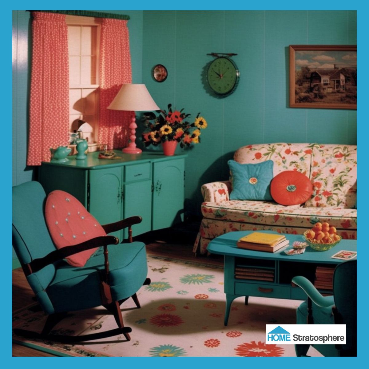 青色的墙壁和家具，让这个房间里所有的青色都让人感觉铺天盖地。然而，可爱的碎花沙发和地毯打破了纯色，为空间增添了魅力。粉色的装饰物，如灯、窗帘、抱枕，有助于增加空间的温暖。要是能坐在沙发上，享受一片新鲜水果该多好啊!