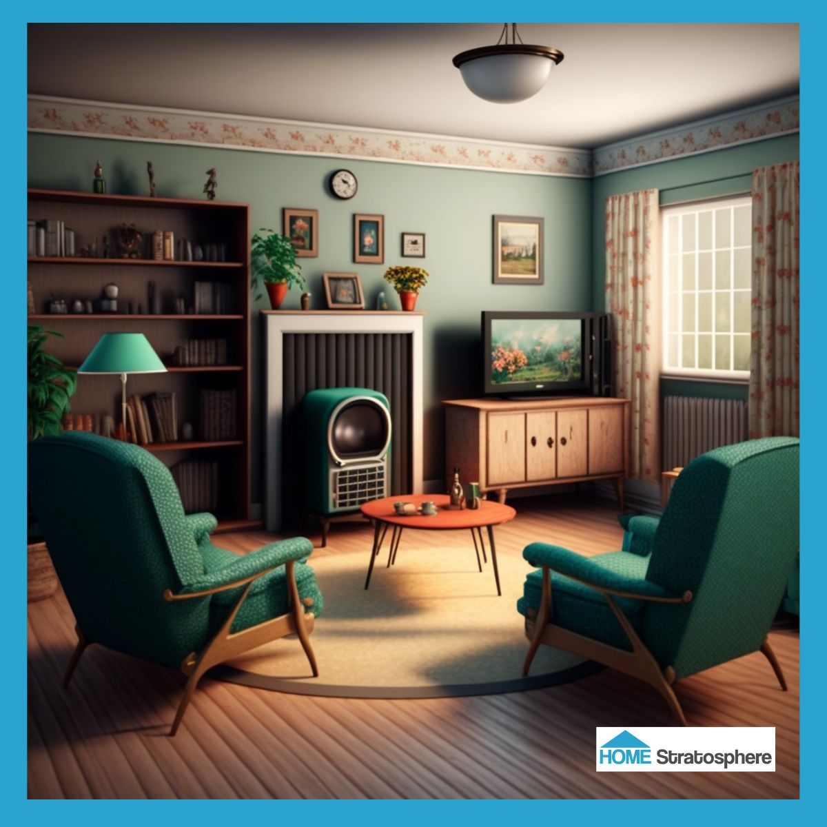 这个房间是过去和现在的完美结合。虽然中世纪的现代家具看起来直接来自20世纪50年代，但这个空间也有当代的细节，比如一台平板电视。花卉窗帘和边框是一个近乎完美的搭配，是明亮的蓝绿色墙壁的美丽补充。它看起来是一个看电影或和老朋友叙旧的好地方。