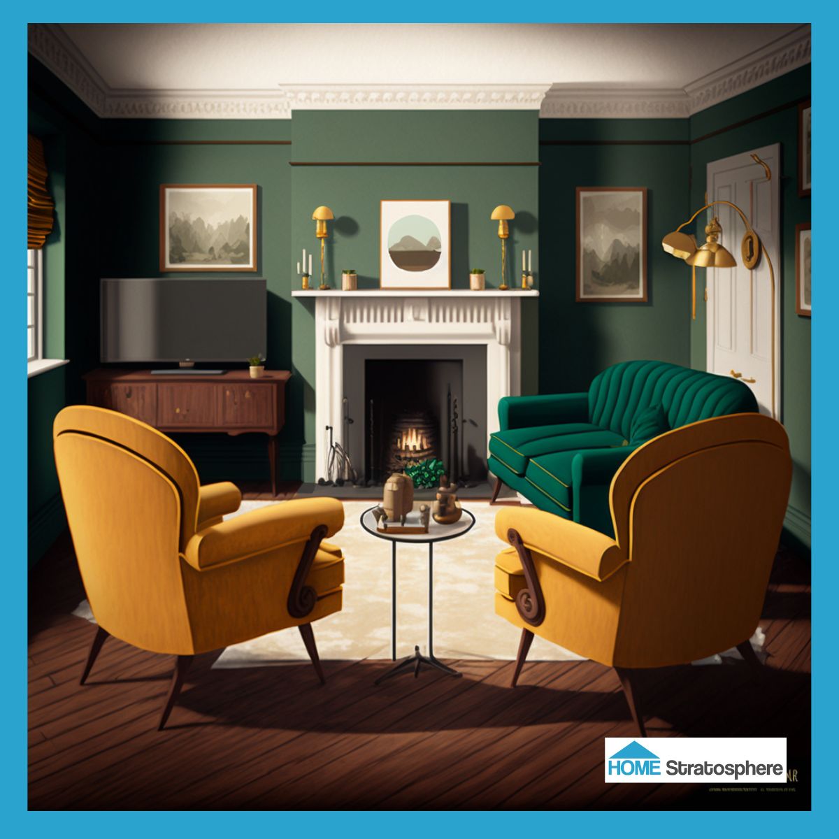 这个房间的灵感绝对来自20世纪50年代，但硬木地板看起来是全新的。这个空间里也有其他现代特色，比如平板电视。我喜欢深绿色的沙发和亮黄色的椅子形成鲜明的对比。白色的皇冠造型更加突出了这些颜色!