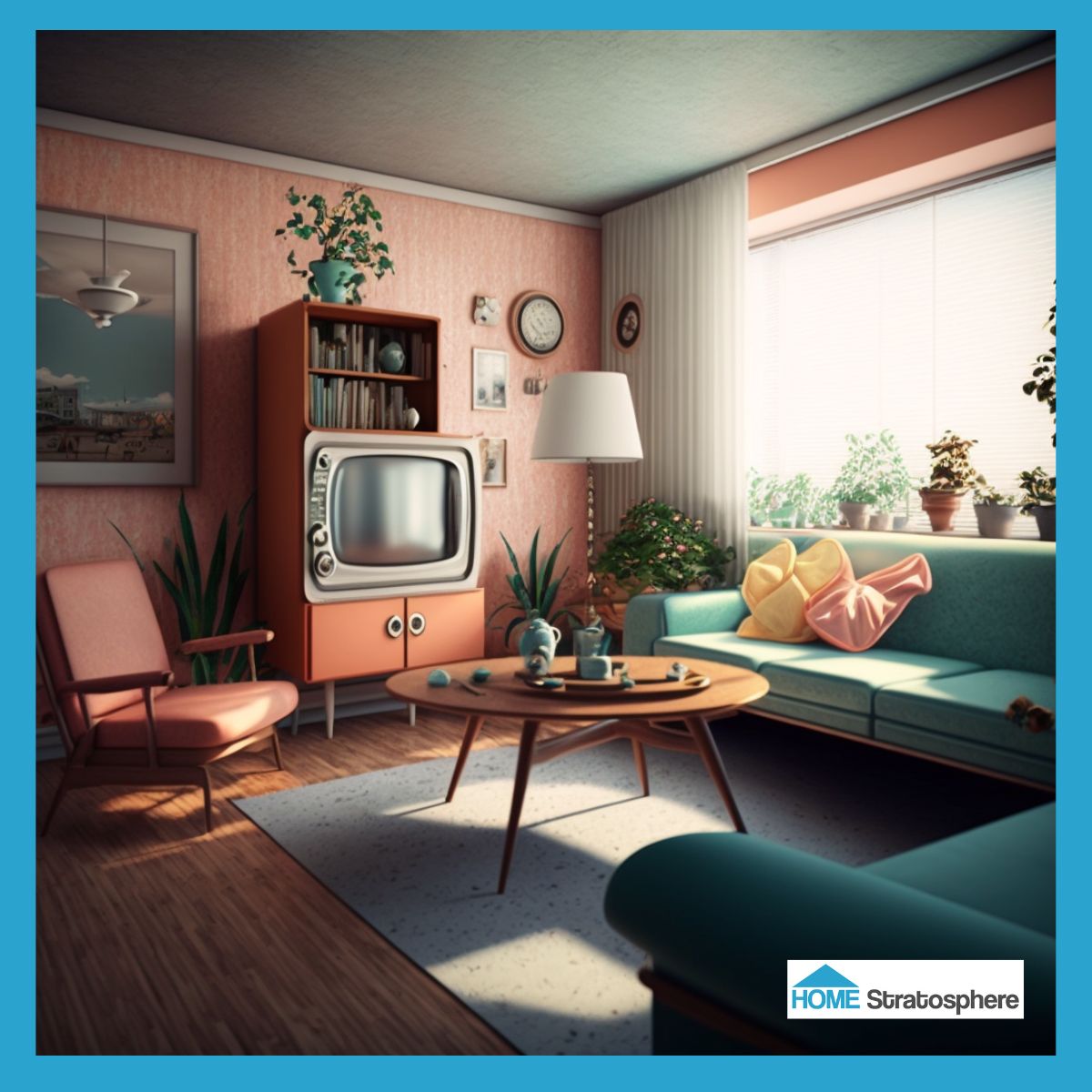 客厅里最有趣的特色之一是复古风格的电视，它有内置的架子，可以提供额外的存储空间。房间里摆满了彩色的中世纪现代家具，比如一把桃红色的扶手椅和一张亮蓝绿色的沙发。桃色和黄色的抱枕有着独特的形状，赋予了房间个性。这间客厅也有大量的绿色植物，包括窗台上的一长排植物。