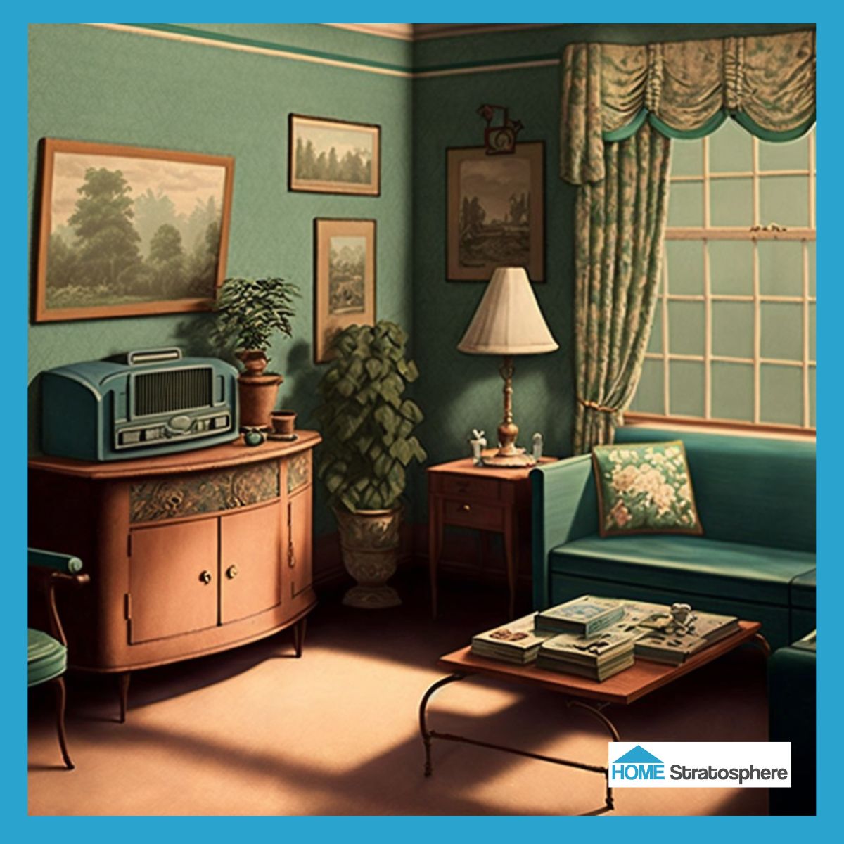 20世纪50年代的家庭喜欢看电视，但他们也喜欢听他们最喜欢的广播节目。你可以在这个客厅里重新体验那种感觉，客厅里有一个令人难以置信的收音机。蓝绿色的沙发看起来很时尚，但花朵抱枕和窗户装饰让它变得柔和起来。多亏了墙上的风景艺术品，这个房间真的有家的感觉!