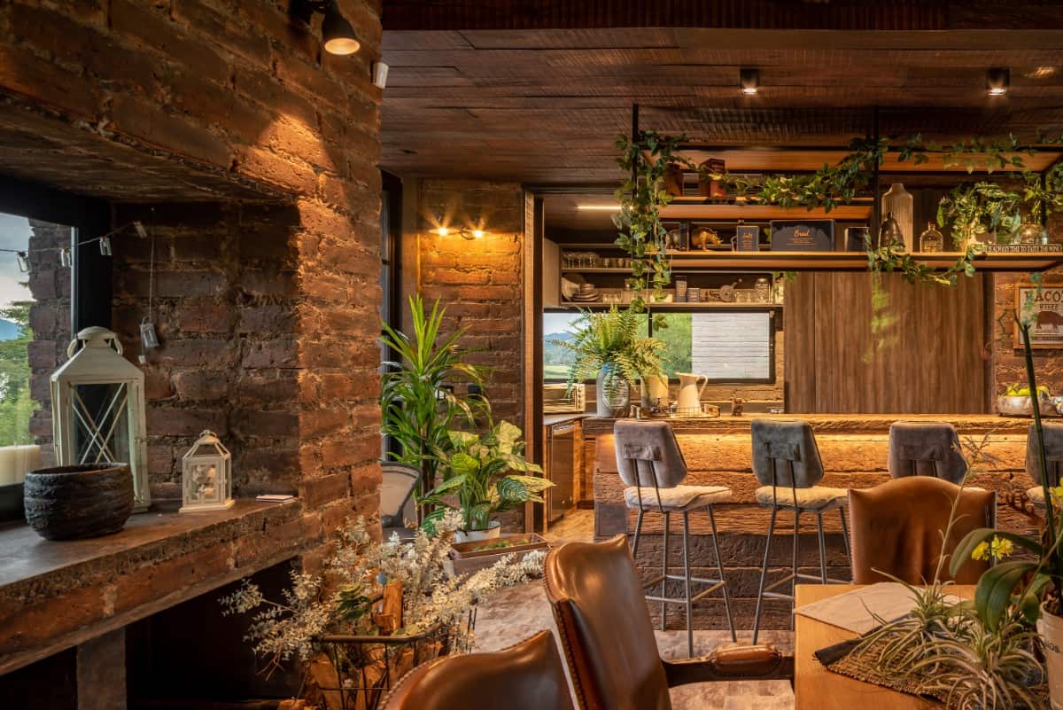 一个装饰着蔓生植物的质朴酒吧将厨房与用餐区隔开。