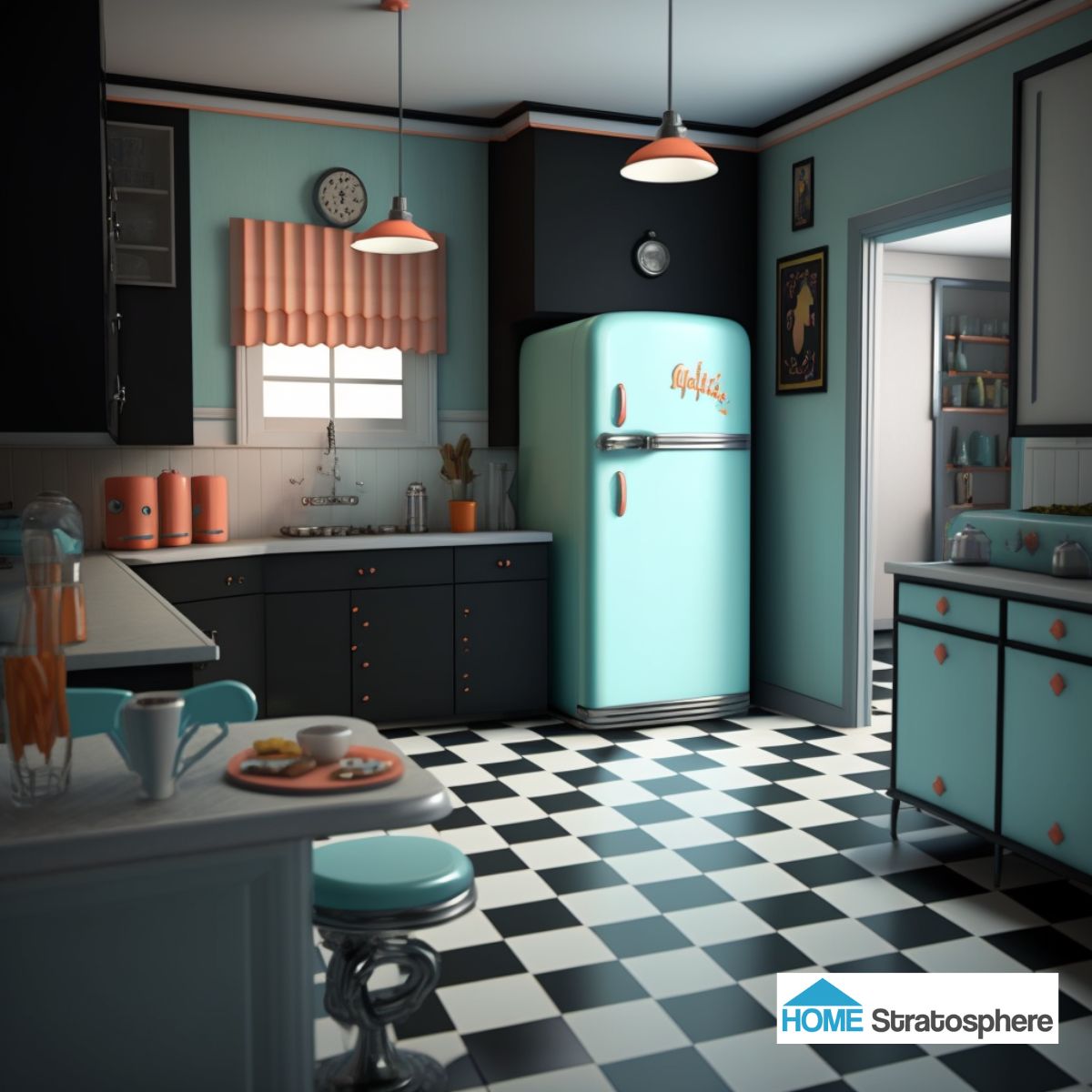 这个概念展示了在厨房中非常好的深色应用，强调了不需要太多清洁的表面区域，同时让台面保持白色。由于格子地板和冰箱的设计，黑色、蓝绿色和白色的组合仍然传达出一种复古的感觉。