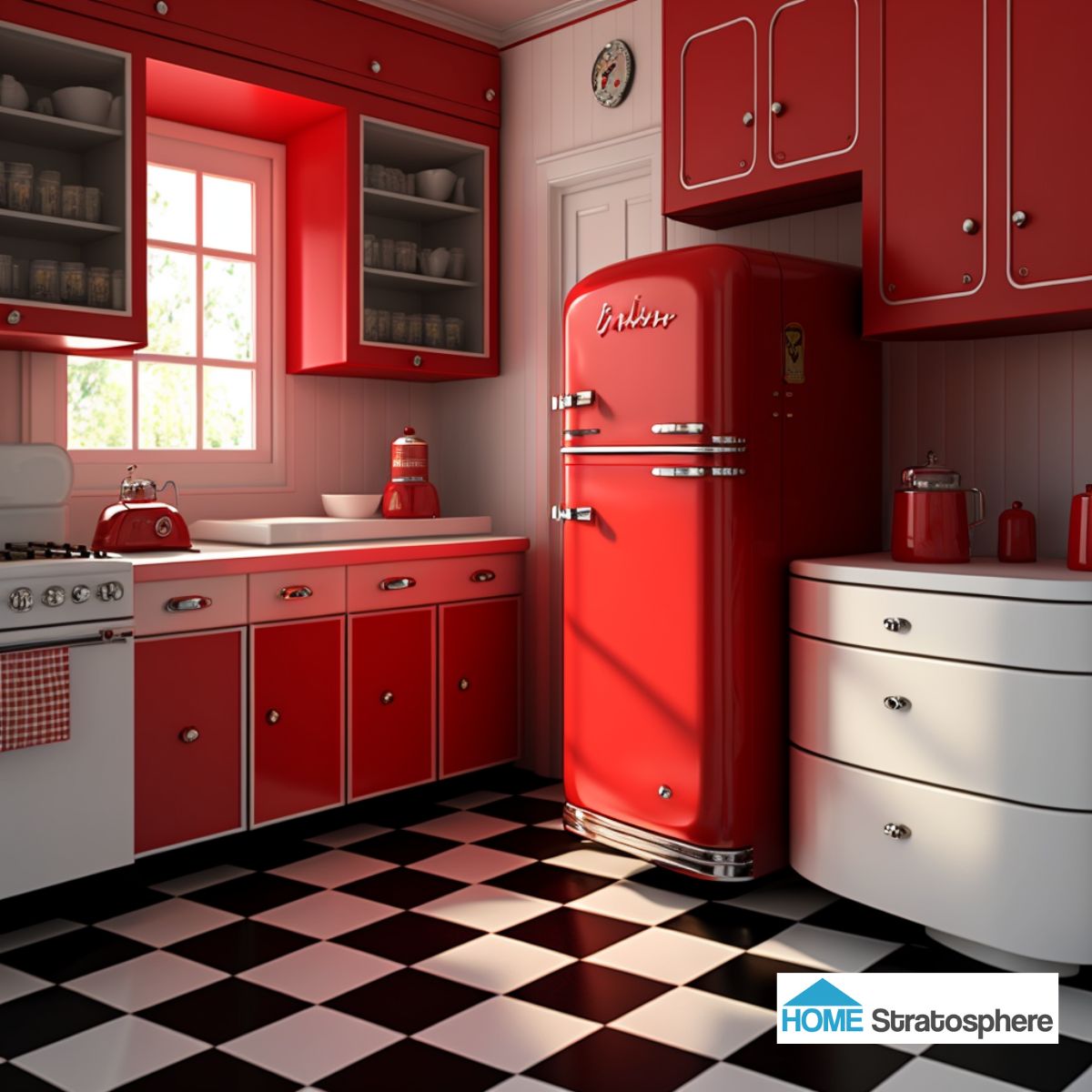 充满活力的红色加上金属和白色的点缀，让这个厨房看起来像一个机械工具箱。复古的冰箱与鲜亮的深红色很搭，就连地板上的黑白格子也很搭。我一开始并不是特别喜欢这个，但后来渐渐喜欢上了它。